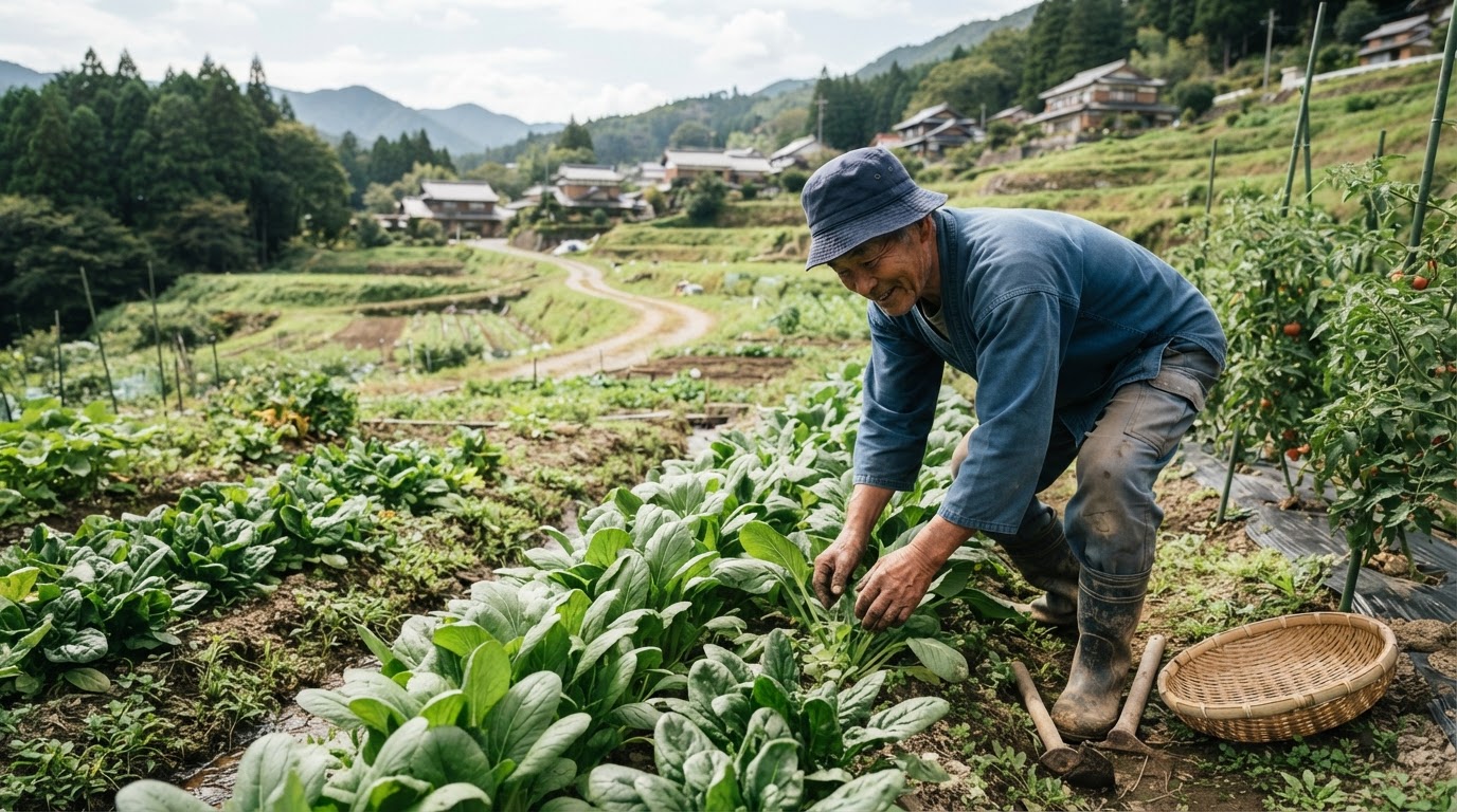日本の農家が畑で野菜の手入れをしている様子