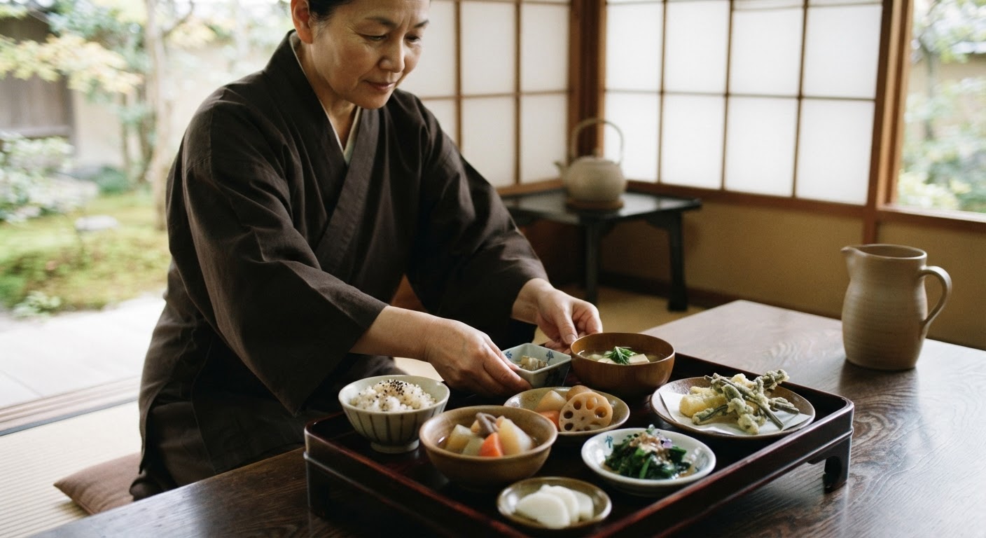 精進料理の一例。食材本来の味を活かす調理法が特徴。