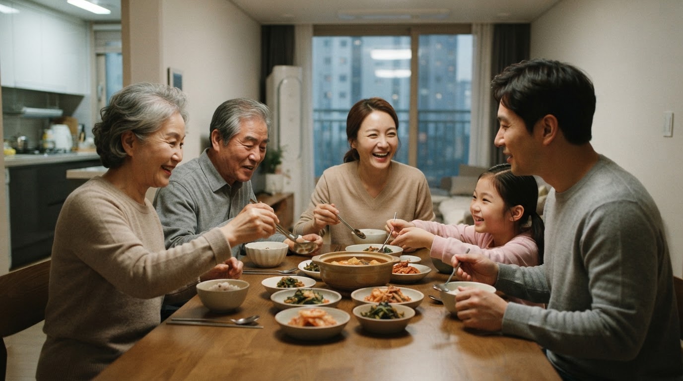 한국 가족이 함께 식사하는 모습