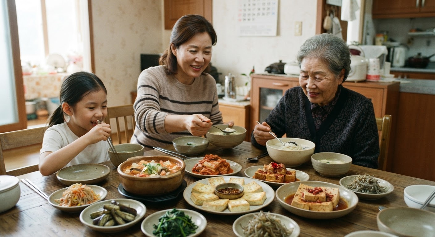 다양한 두부 요리로 구성된 한식 반찬 상차림