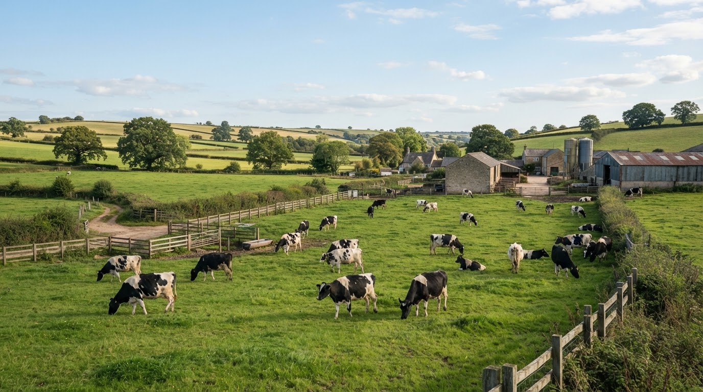 A pastoral landscape showing a dairy farm with several cows grazing in a green pasture under a clear sky.