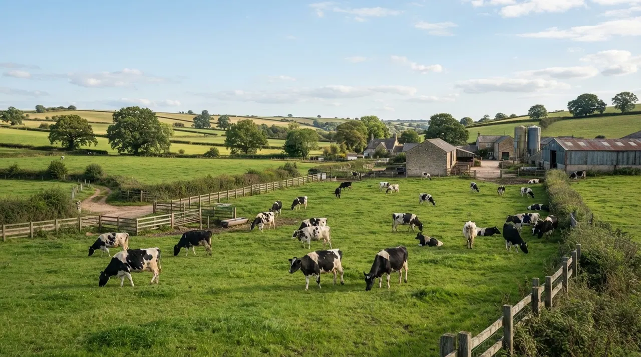 A pastoral landscape showing a dairy farm with several cows grazing in a green pasture under a clear sky.