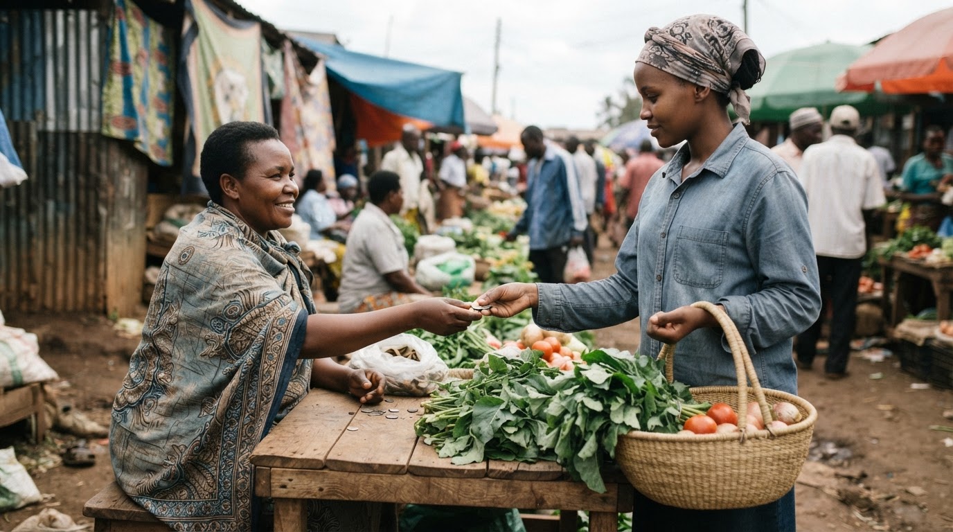 Mwanamke akiuza mboga kwenye soko la Kenya