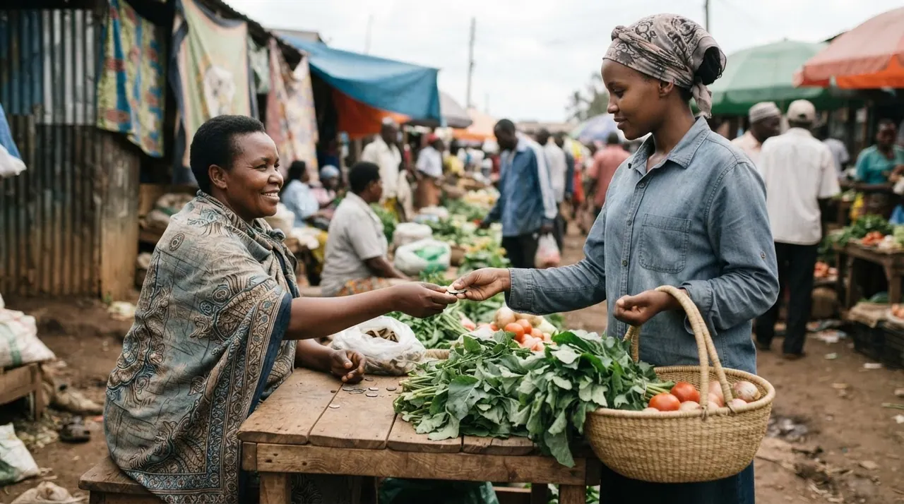 Mwanamke akiuza mboga kwenye soko la Kenya