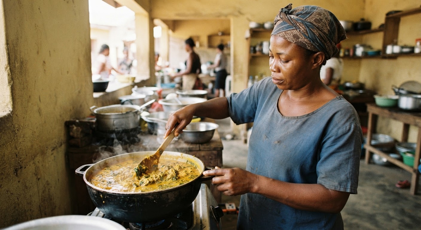 Obìnrin kan tó ń ṣètò oúnjẹ egusi soup, èyí tí ó jẹ́ oúnjẹ ọlọ́gbọ́n tí ó gbajúmò ní Nàìjíríà.