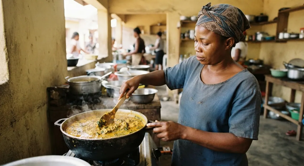 Obìnrin kan tó ń ṣètò oúnjẹ egusi soup, èyí tí ó jẹ́ oúnjẹ ọlọ́gbọ́n tí ó gbajúmò ní Nàìjíríà.