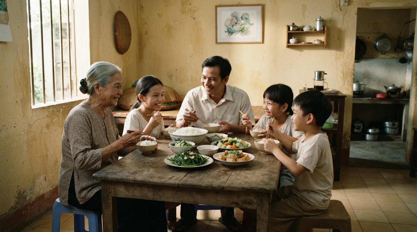 Gia đình người Việt dùng bữa cơm rau củ tại nhà