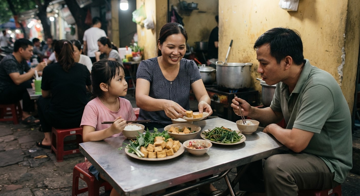 Đậu phụ là nguồn đạm thực vật phổ biến trong ẩm thực đường phố Việt Nam.
