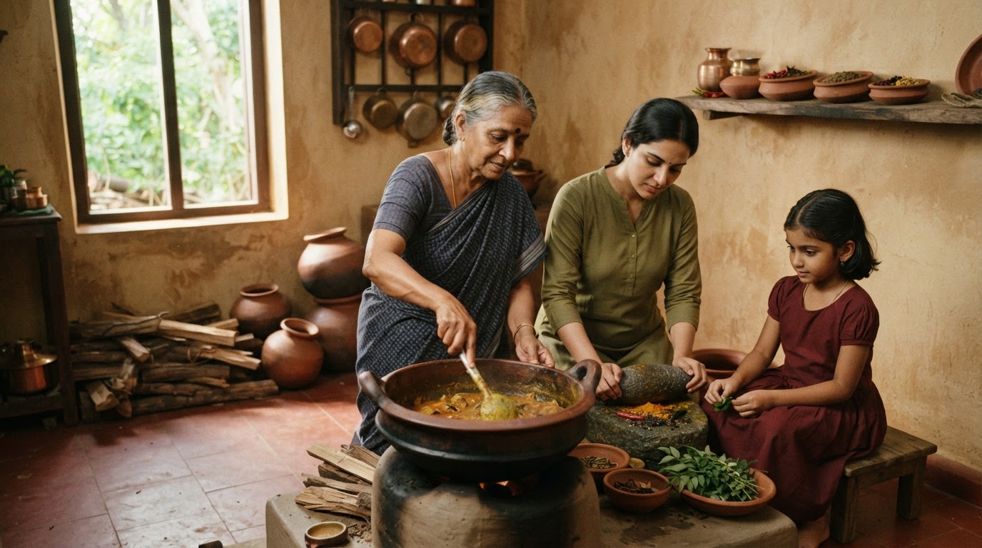 செட்டிநாடு உணவு சமைக்கும் பாத்திரம் மற்றும் மசாலாப் பொருட்கள்