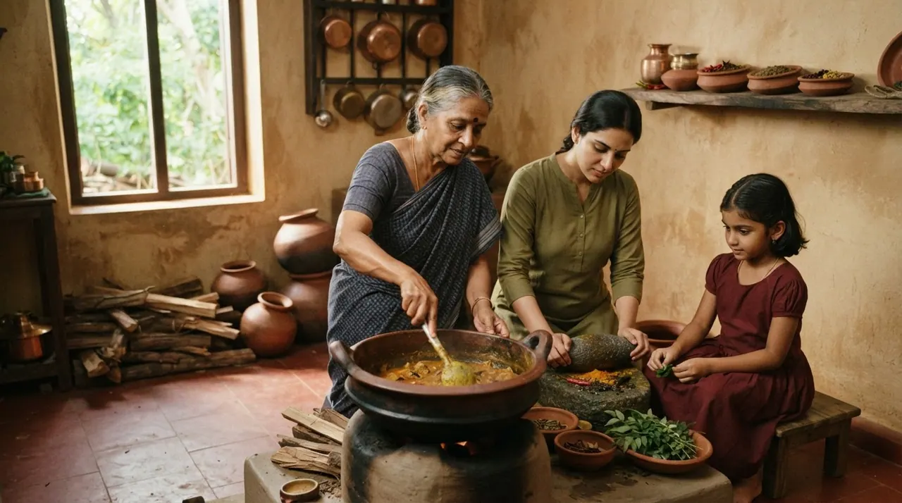 செட்டிநாடு உணவு சமைக்கும் பாத்திரம் மற்றும் மசாலாப் பொருட்கள்