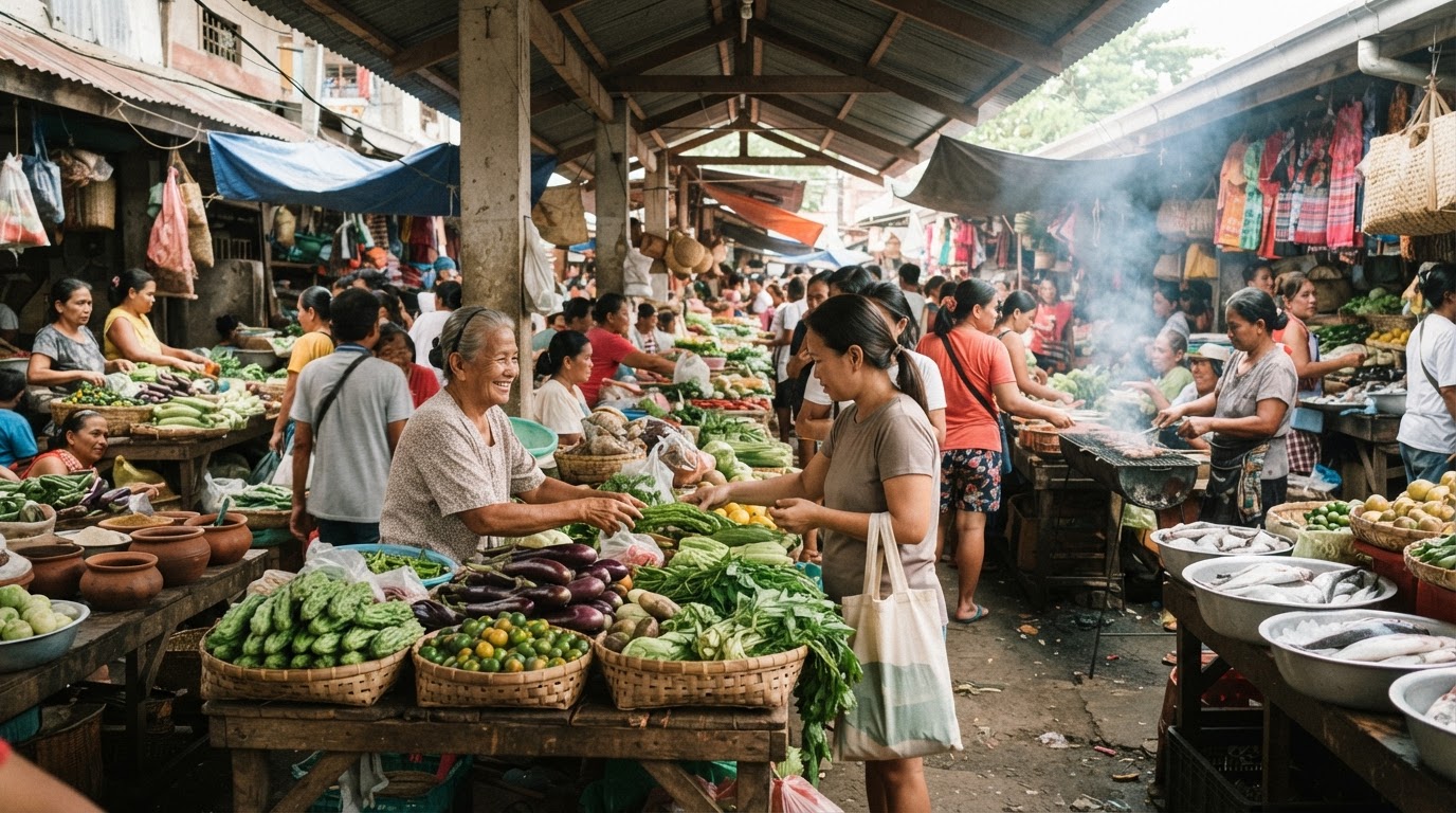 Masiglang pamilihan sa Pilipinas na puno ng iba't ibang tindero at mamimili.
