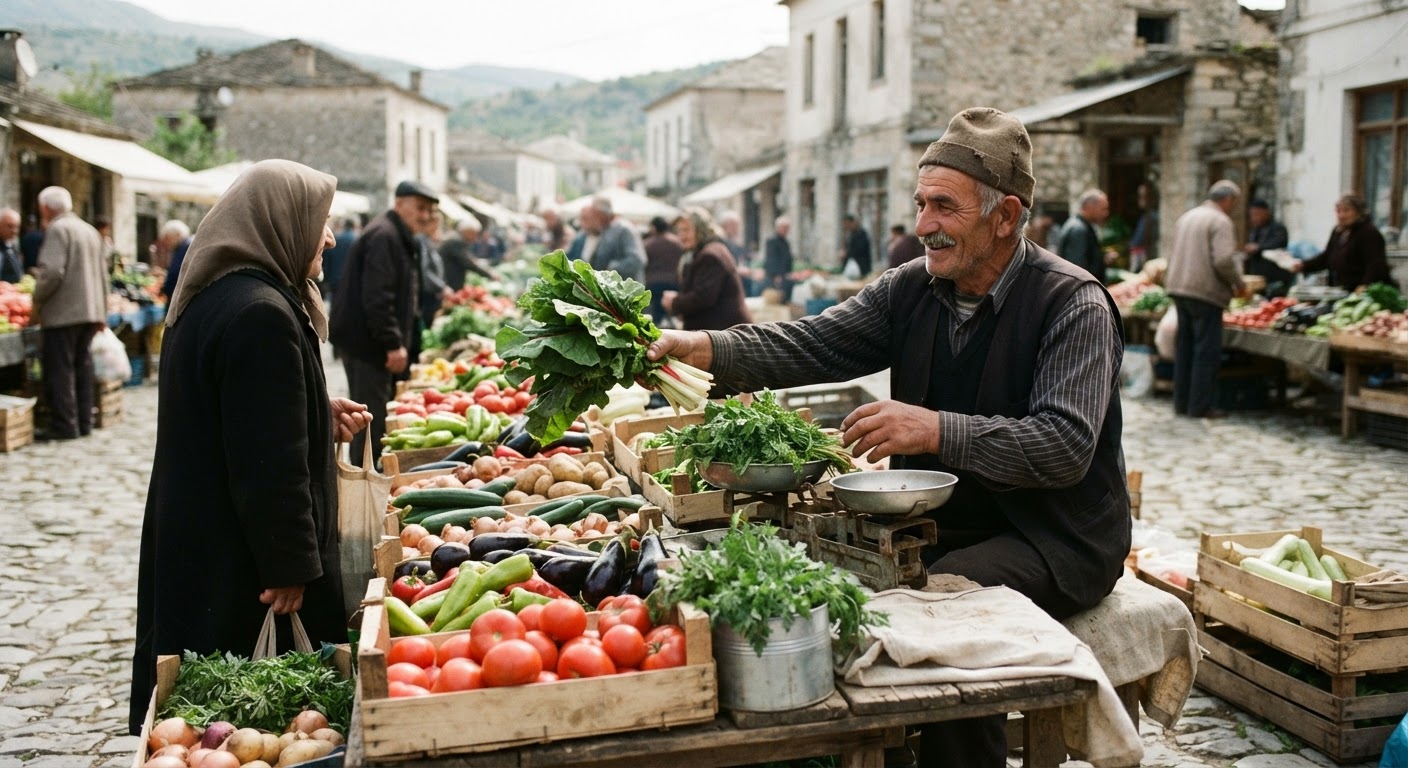 Tregtar perimesh në një treg lokal shqiptar, duke ofruar produkte të freskëta dhe të stinës.