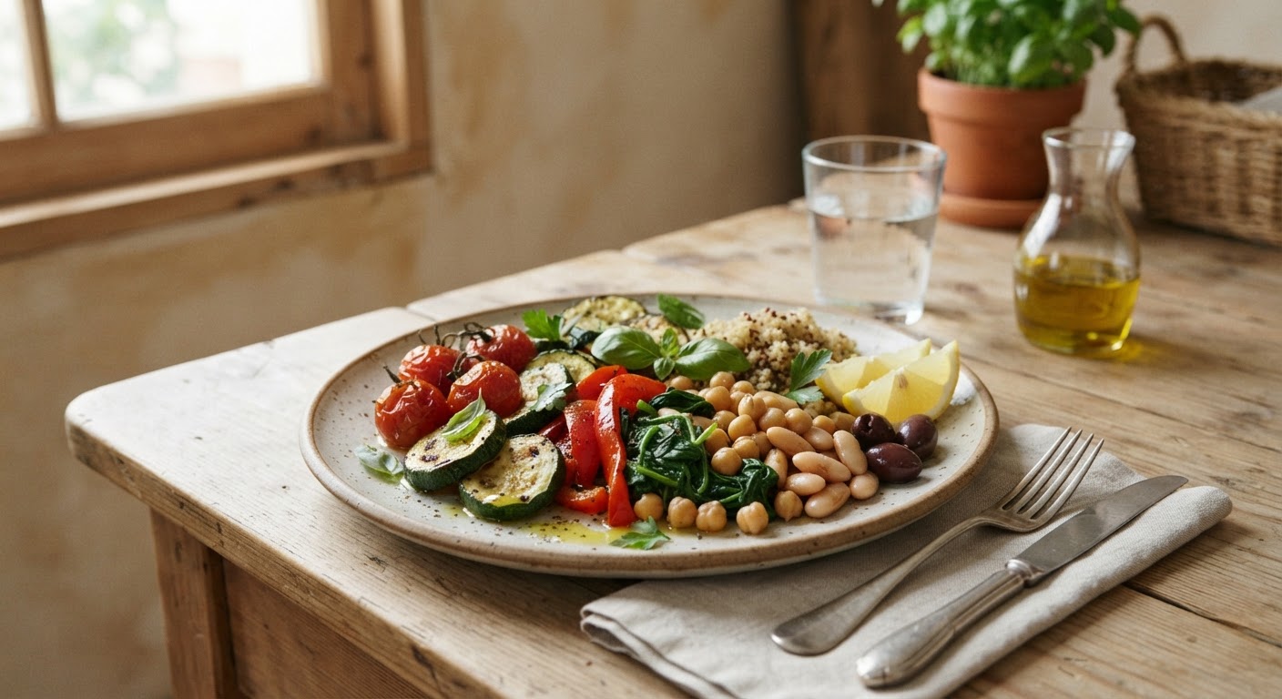 Një pjatë e shëndetshme e frymëzuar nga dieta mesdhetare, e pasur me perime, bishtajore dhe vaj ulliri.