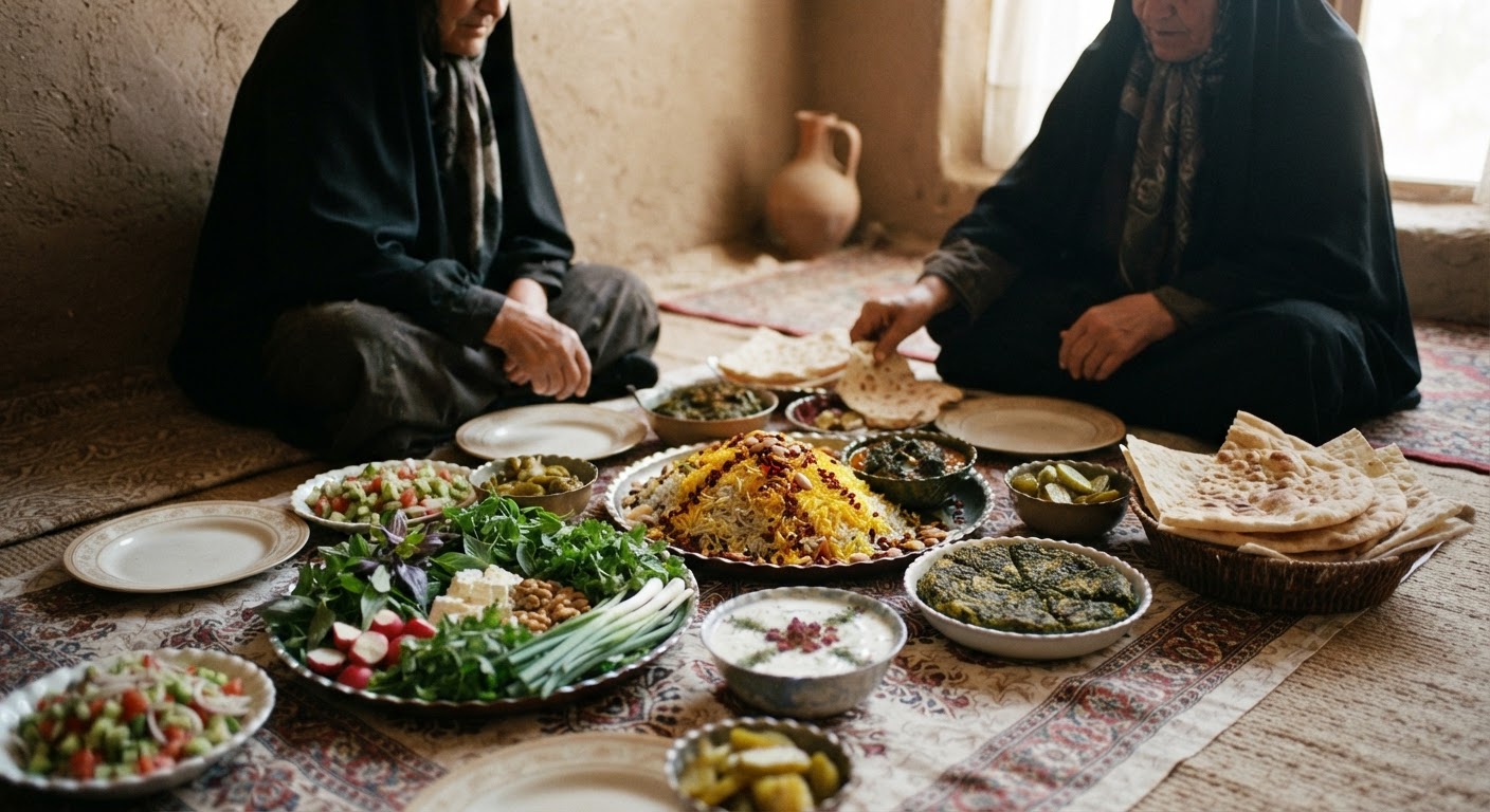 سفره پر از غذاهای سنتی ایرانی با سبزیجات تازه و حبوبات