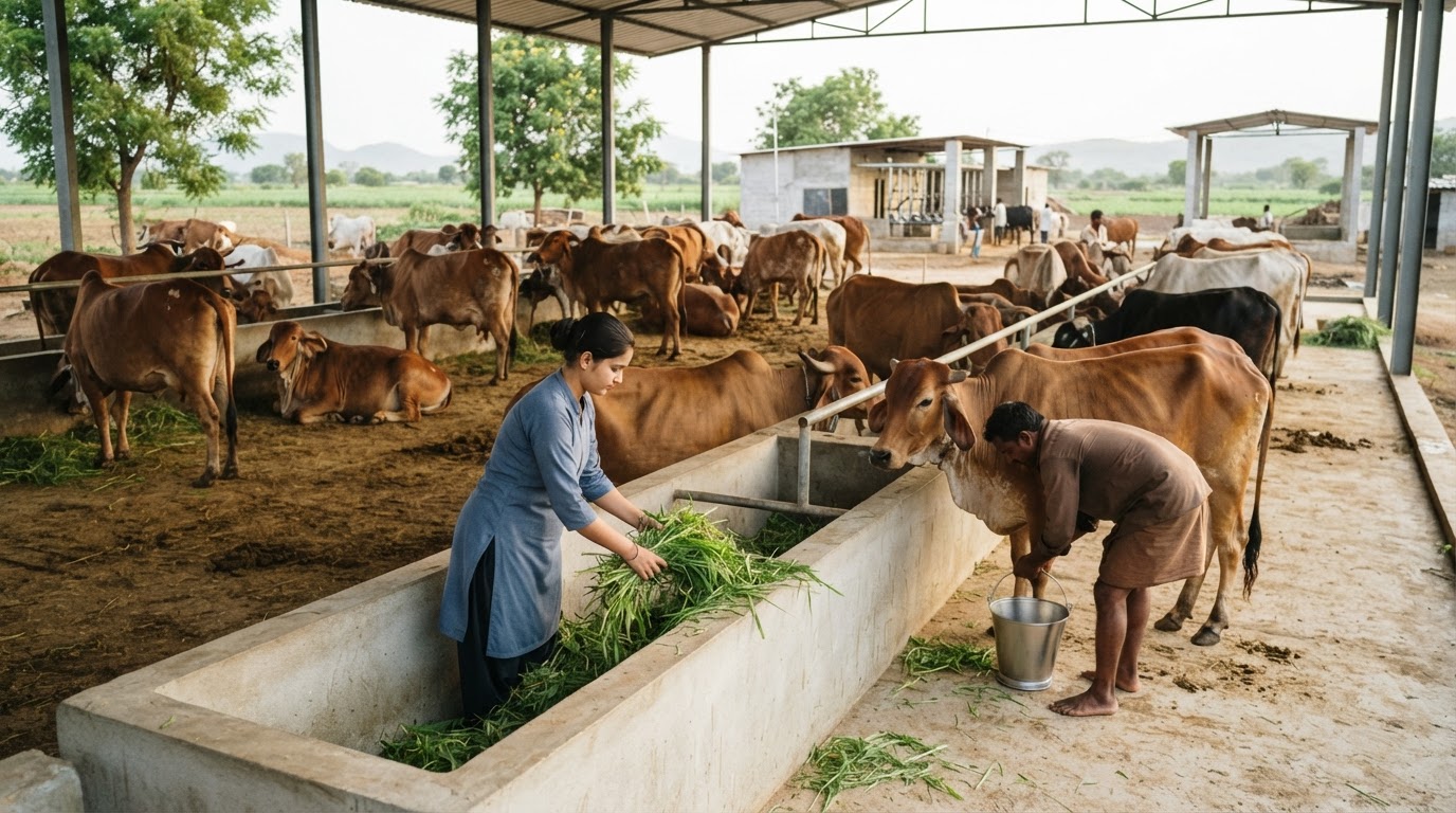 भारत के एक डेयरी फार्म में गायों का झुंड
