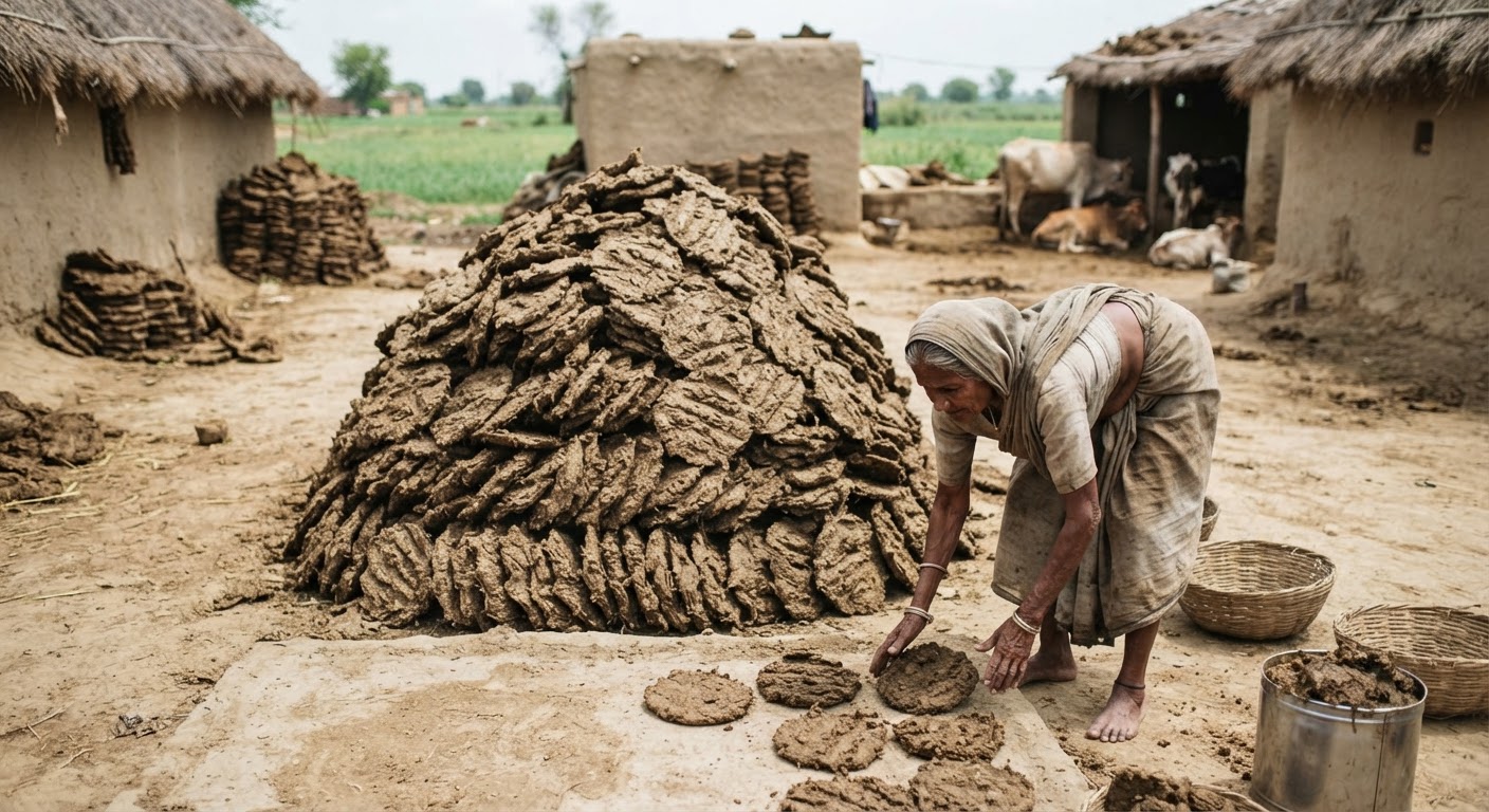 ग्रामीण भारत में मवेशी पालन से उत्पन्न गोबर का ढेर, जो खाद के रूप में उपयोगी है लेकिन अनियंत्रित होने पर प्रदूषण का स्रोत बन सकता है।