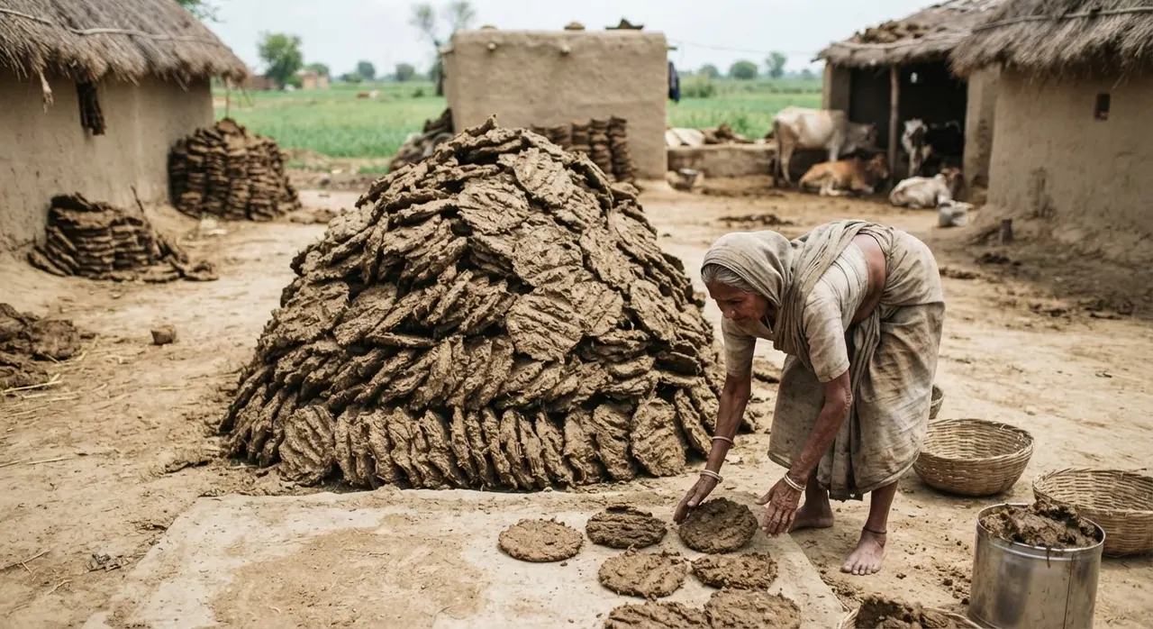 ग्रामीण भारत में मवेशी पालन से उत्पन्न गोबर का ढेर, जो खाद के रूप में उपयोगी है लेकिन अनियंत्रित होने पर प्रदूषण का स्रोत बन सकता है।