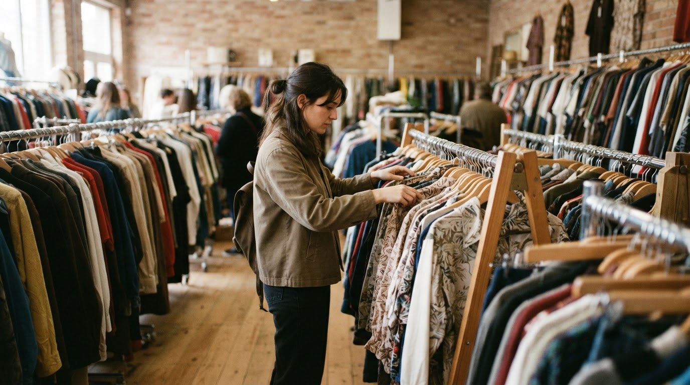 Әйел екінші қол дүкенінде киім сөрелерін қарап тұр
