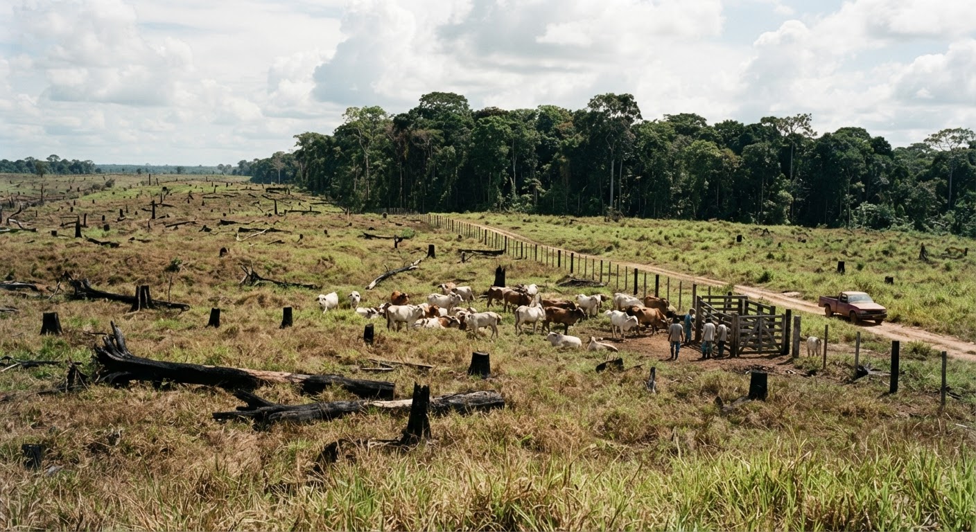 Desmatamento para pastagens de gado na Amazónia, Brasil.