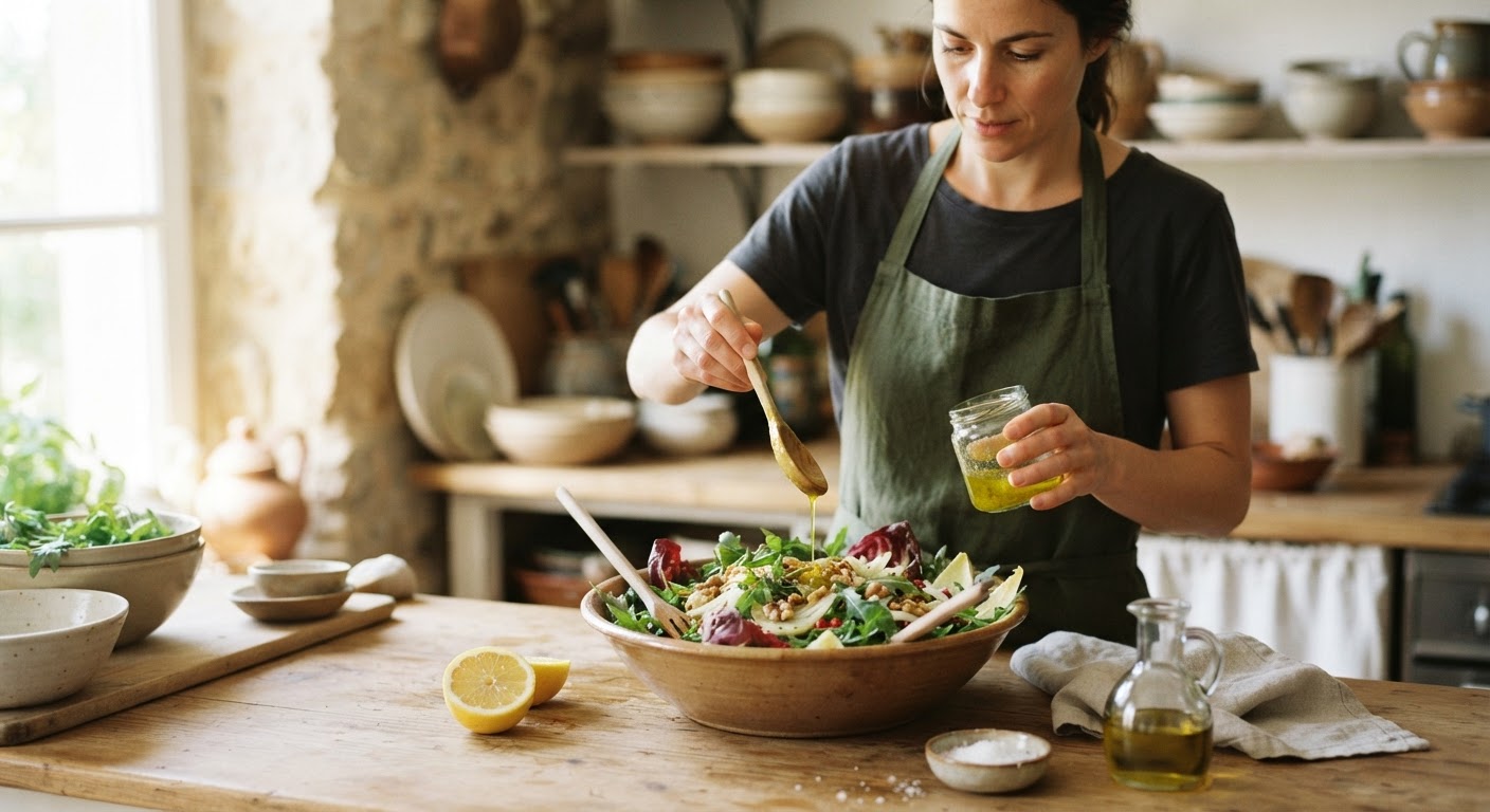 Salat aus bitteren grünen Blättern mit Zitronendressing