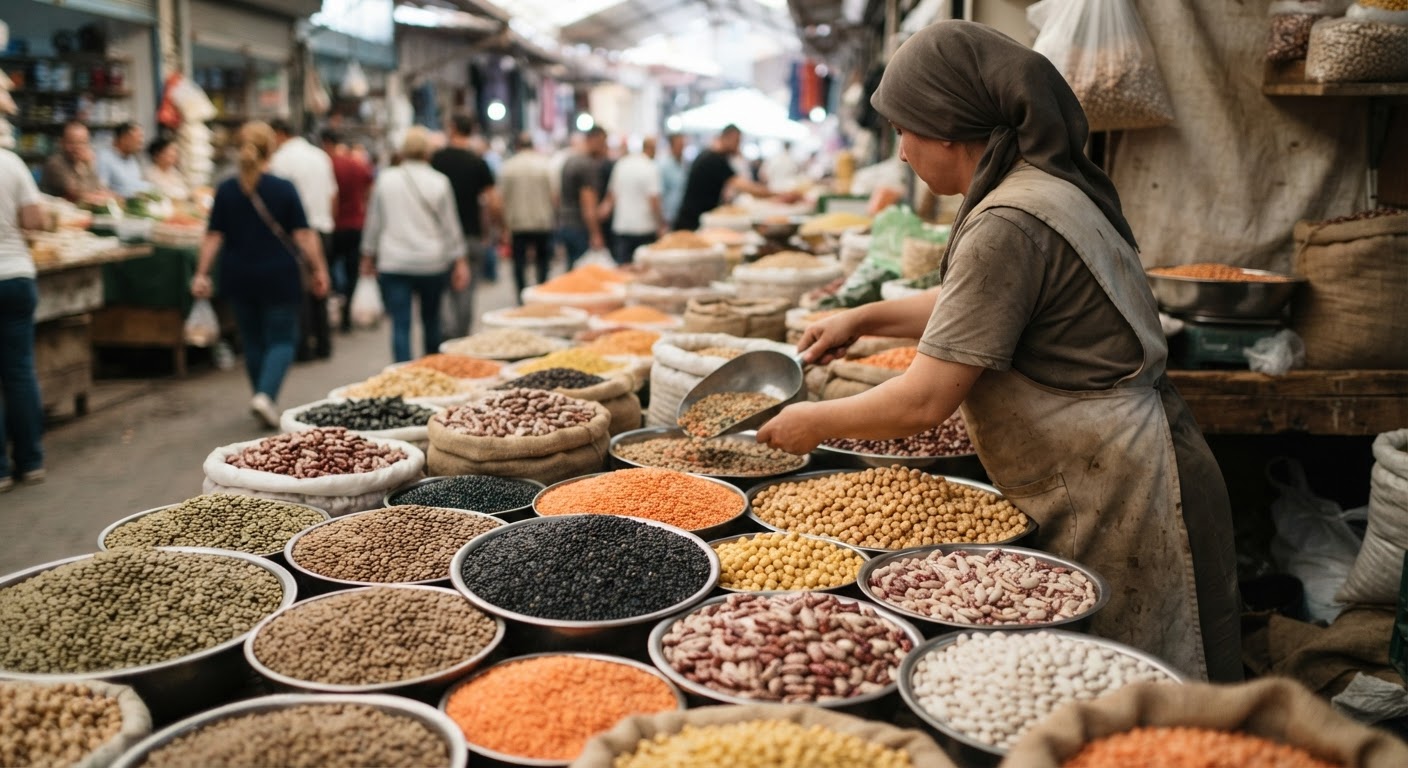 Assortiment coloré de lentilles, haricots et pois chiches sur un étal de marché