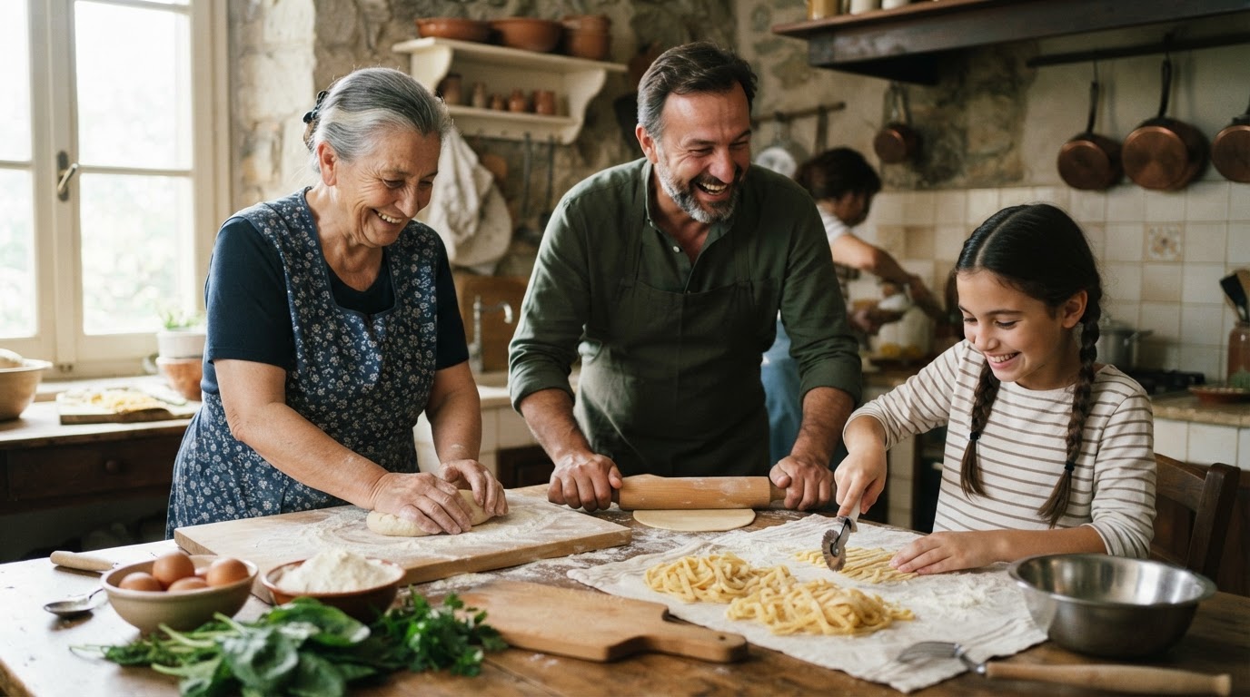 Una famiglia italiana intenta a preparare la pasta in cucina, con sorrisi e ingredienti freschi sul tavolo.
