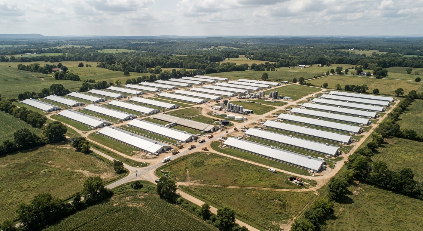 Aerial view of a large-scale industrial chicken farm with numerous sheds.