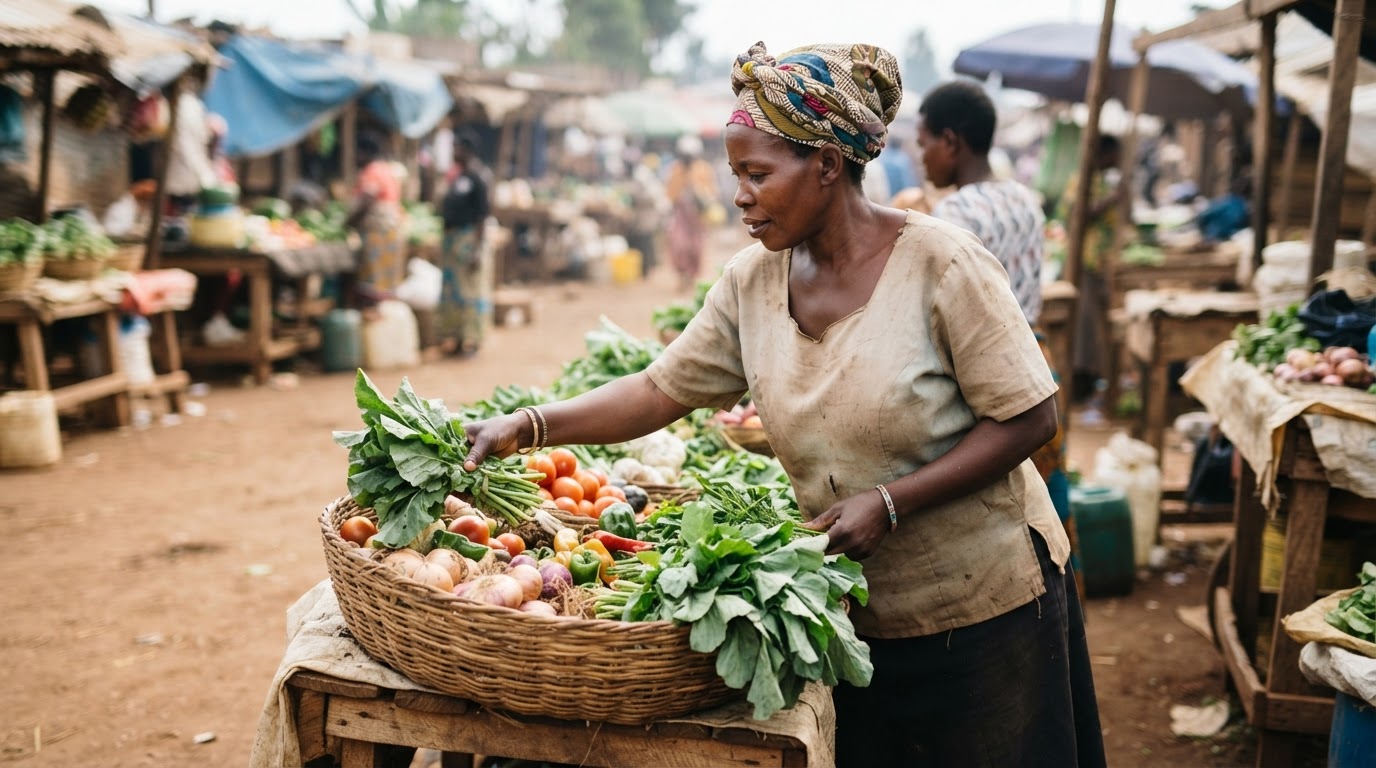 Mwanamke sokoni barani Afrika akichagua mboga