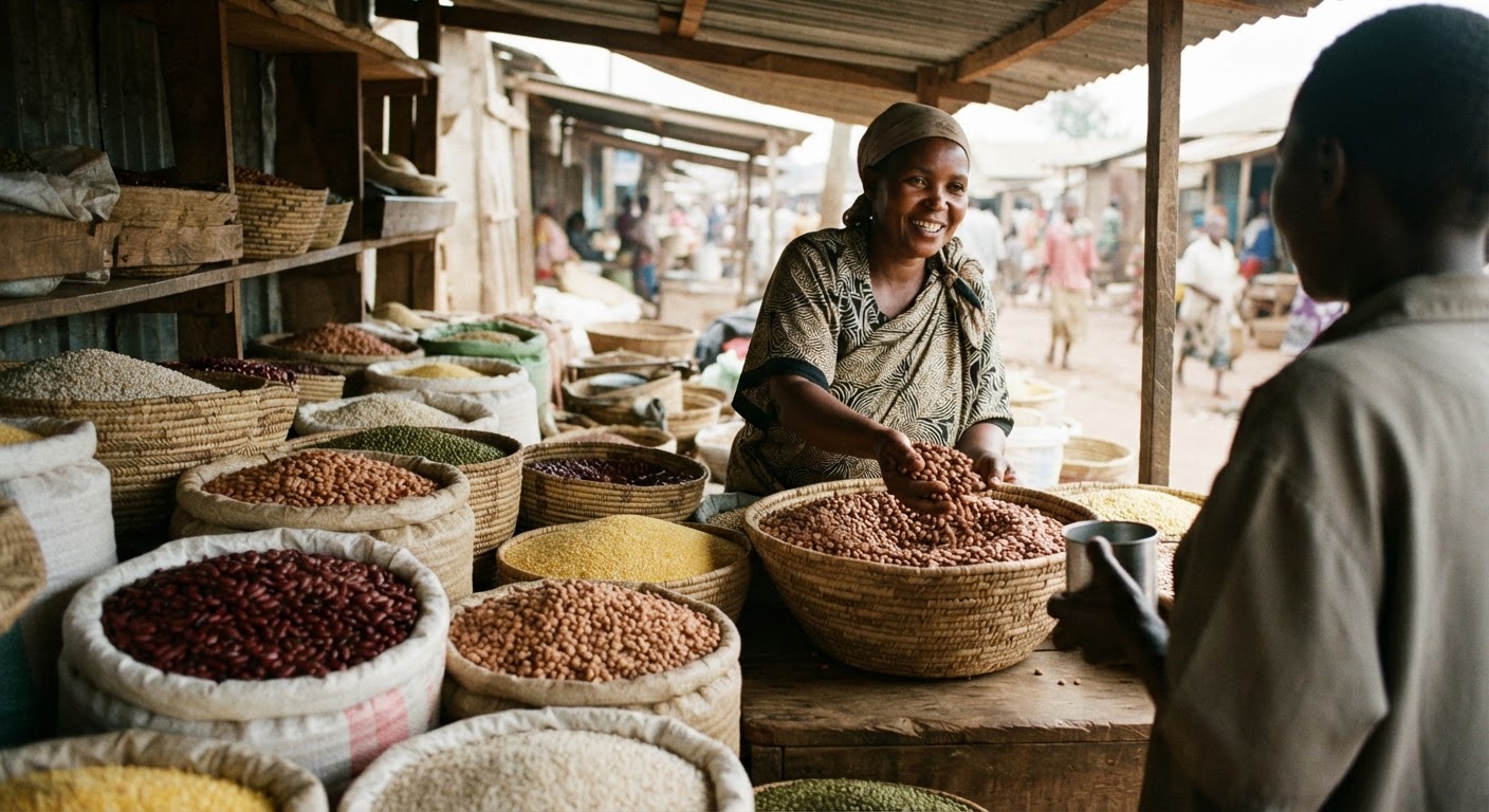 Duka la chakula cha jadi Afrika Mashariki, likionyesha kunde na nafaka.