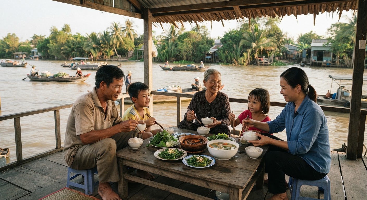 Gia đình Việt Nam quây quần bên bữa cơm với cơm, rau xanh và các món ăn truyền thống tại Đồng bằng sông Cửu Long.