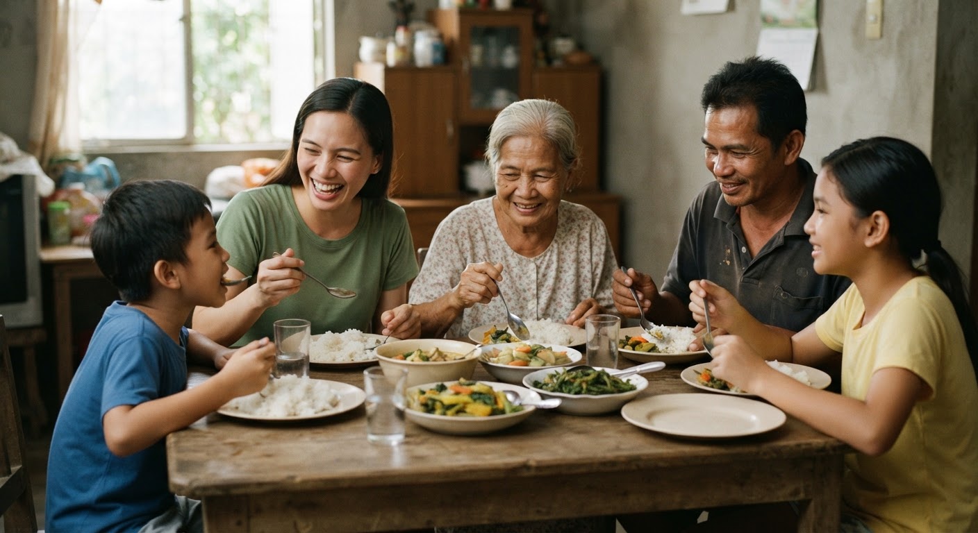 Isang pamilyang Pilipino na masayang kumakain ng kanin at gulay sa kanilang hapag-kainan.