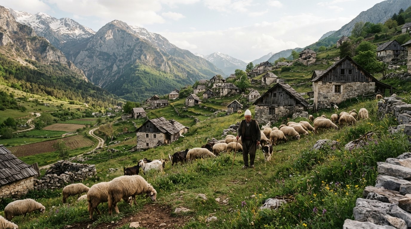 Pamje idilike e një fshati malor tradicional shqiptar me dele duke kullotur.
