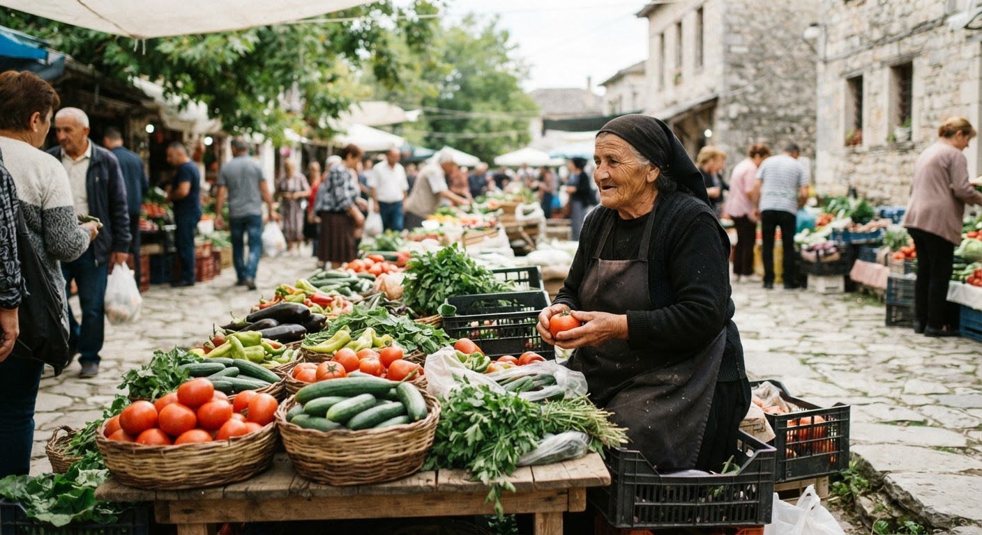 Tregu lokal i mbushur me produkte të freskëta nga zonat rurale, një simbol i dietës bimore të përballueshme.