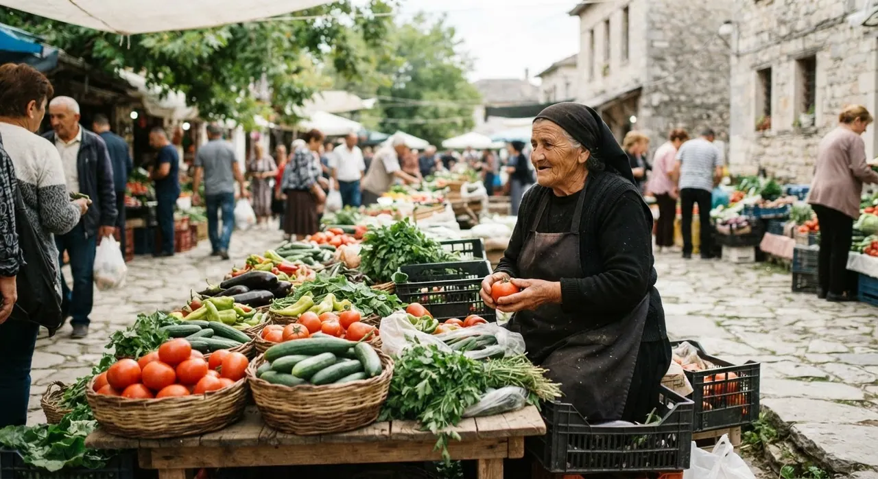 Tregu lokal i mbushur me produkte të freskëta nga zonat rurale, një simbol i dietës bimore të përballueshme.