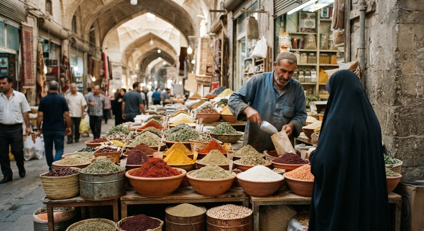 رنگارنگی ادویهها و حبوبات در یک بازار سنتی ایرانی