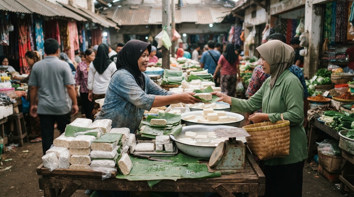 Tampilan pasar Indonesia yang ramai dengan berbagai macam tempe dan tahu yang dijual.