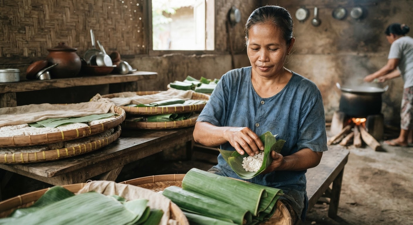 Proses fermentasi kedelai menjadi tempe di Indonesia, menghasilkan tekstur padat dan rasa gurih.
