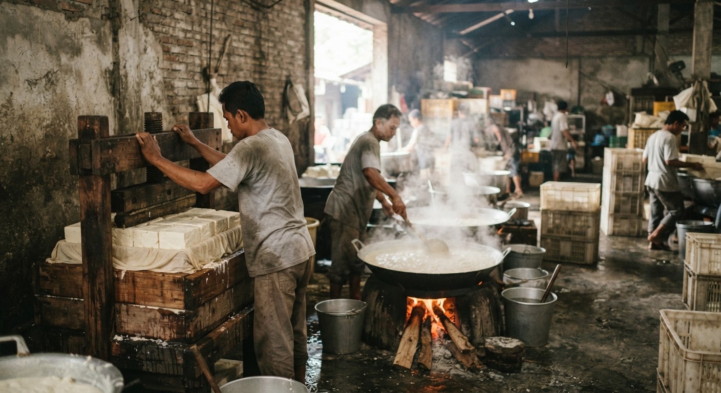 Pabrik tahu tradisional di Indonesia, tempat kedelai diolah menjadi dadih dan dipres.