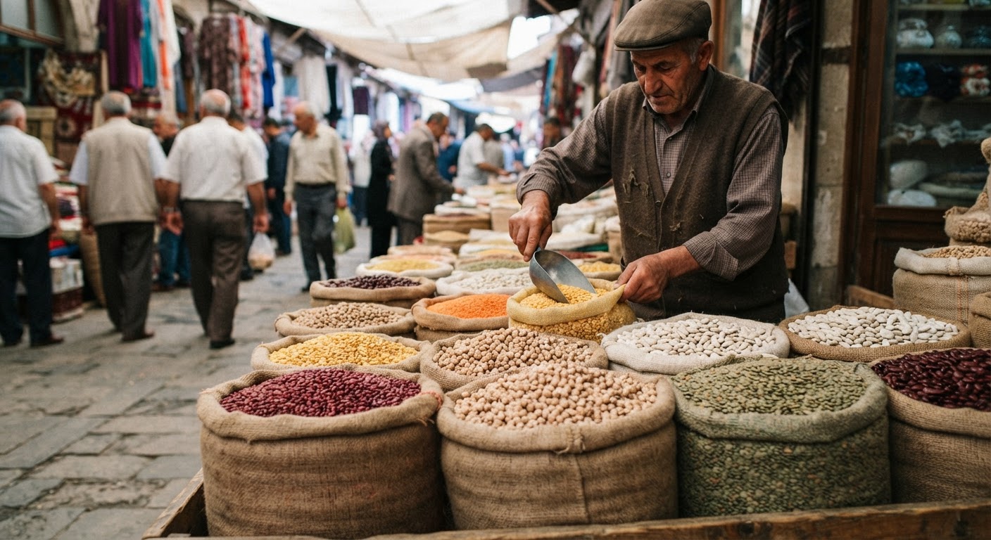 Yerel pazarlarda bulunan kuru baklagiller, vegan beslenmenin temelini oluşturur.