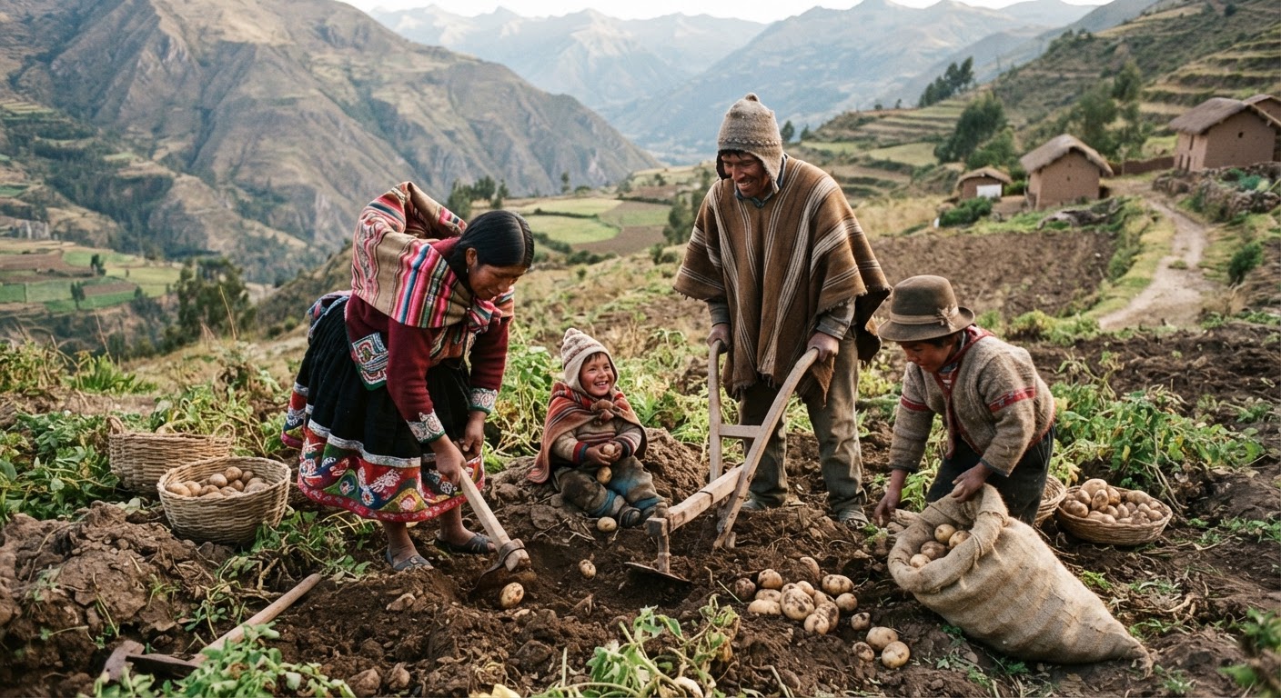 Andes llaqtapi tayta mamakuna wawayninkunawan patata tarpuyta ruwashkanku.