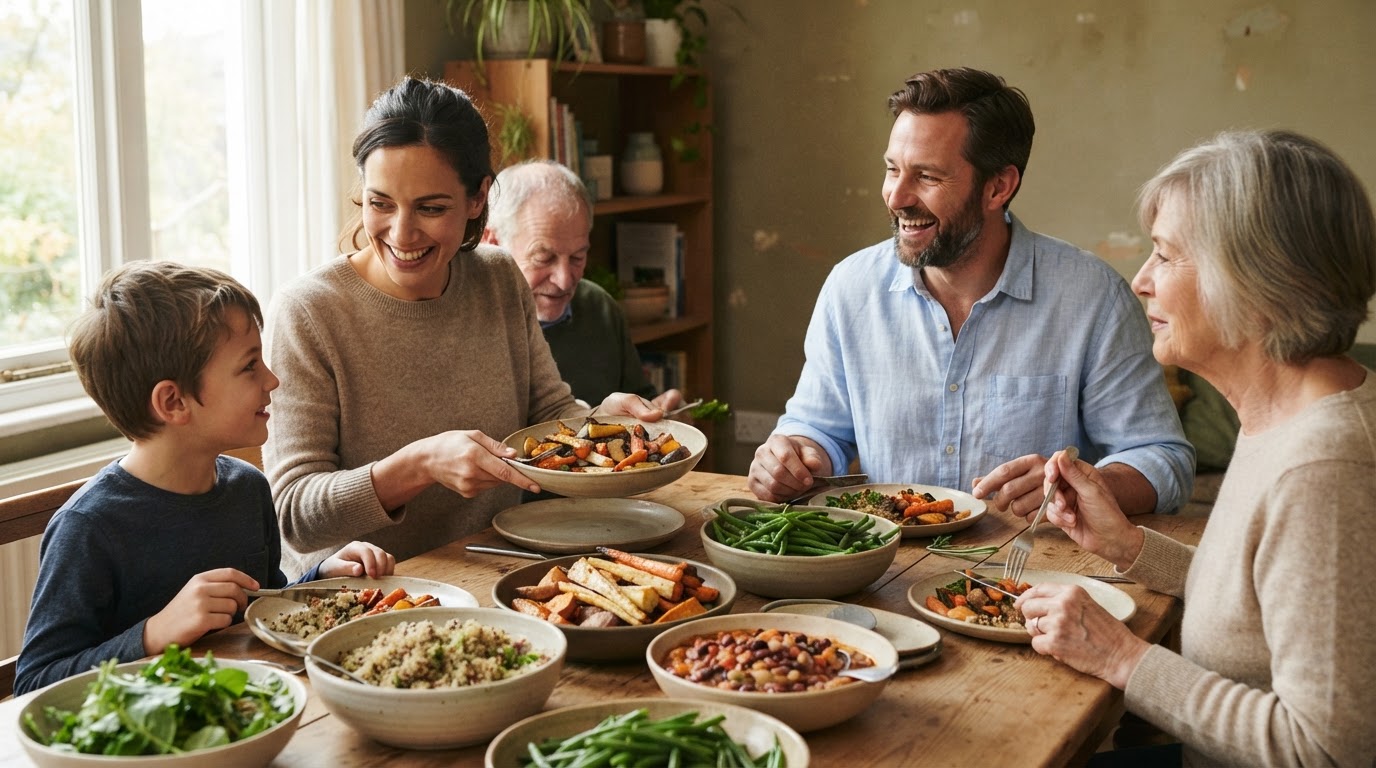 Família reunida à mesa com uma refeição colorida e diversificada de vegetais e grãos.