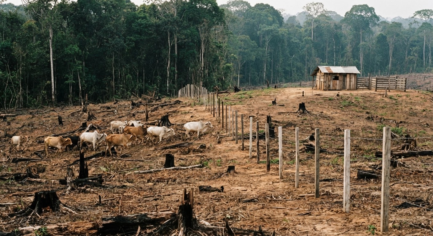 Desmatamento na Amazónia para pastagens de gado, um fator chave na perda de biodiversidade e emissões de carbono.