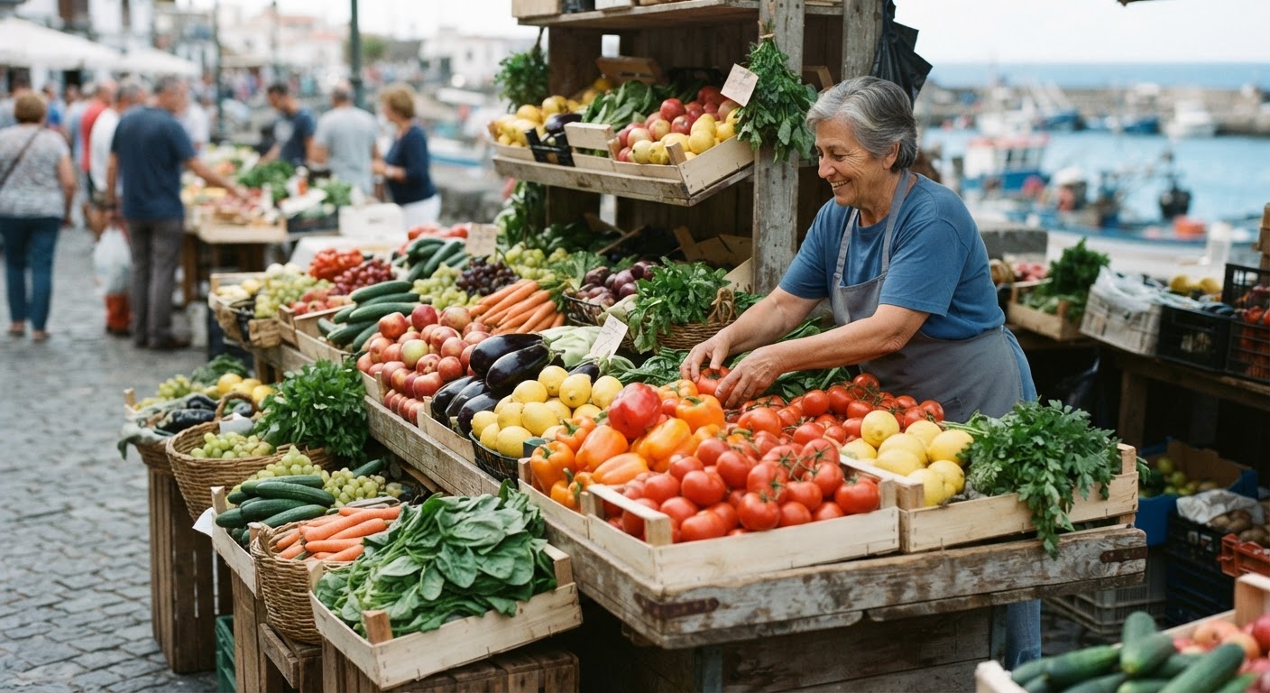 Bunte Auswahl an frischem Obst und Gemüse auf einem hölzernen Marktstand