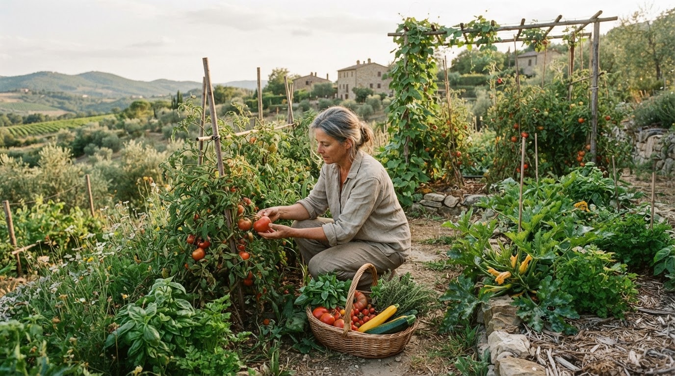 Un rigoglioso orto mediterraneo italiano con pomodori, zucchine e erbe aromatiche.