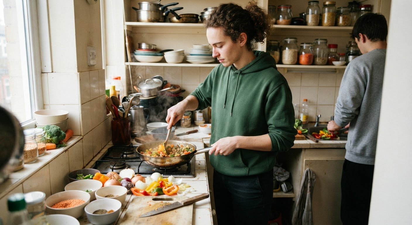 Étudiant préparant un repas végétalien dans une petite cuisine de résidence universitaire.