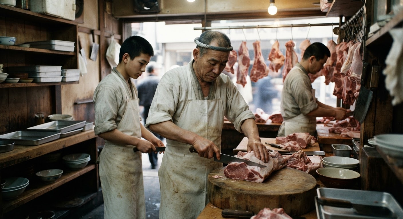 1950年代の日本の食肉店。手作業での加工が中心だった。