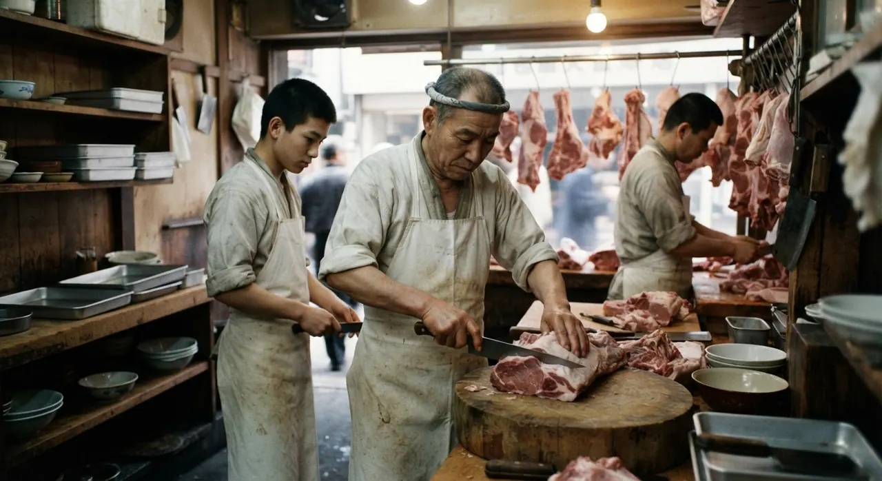 1950年代の日本の食肉店。手作業での加工が中心だった。