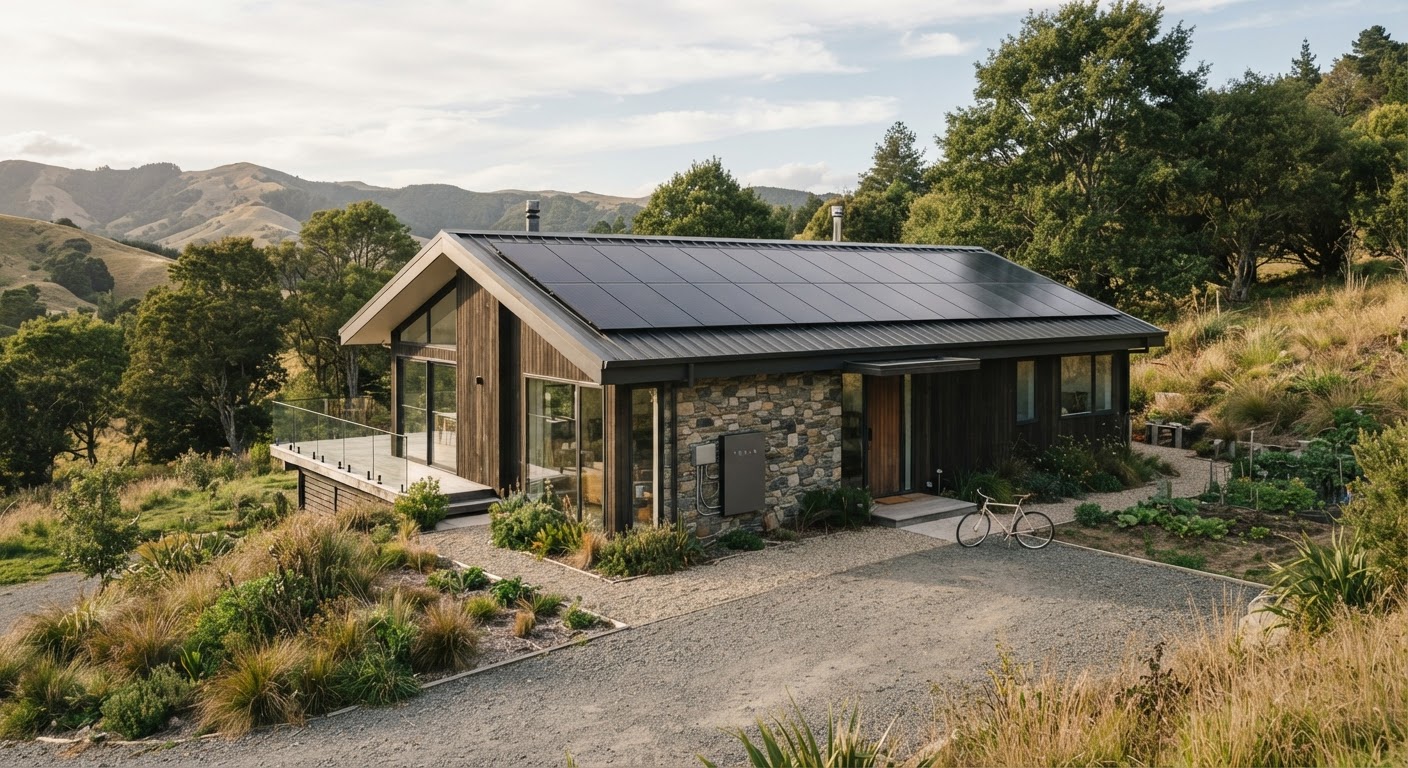 A contemporary home featuring solar panels on the roof and a sleek battery storage unit mounted on the exterior wall.