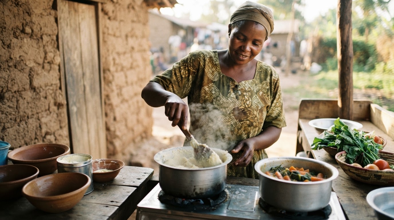 Mwanamke wa Kenya akipika ugali na mboga