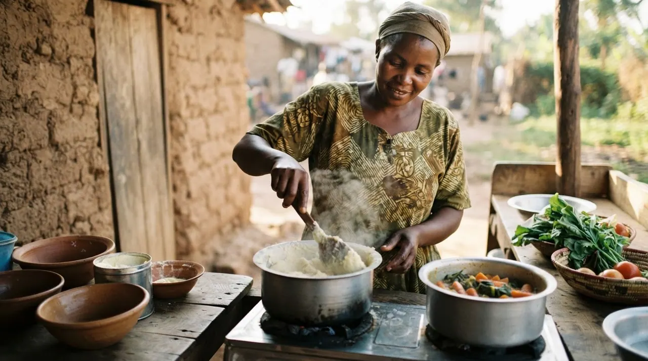 Mwanamke wa Kenya akipika ugali na mboga